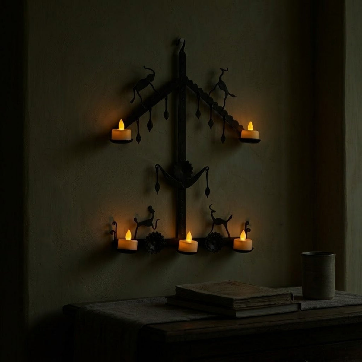 handcrafted bastar wrought iron tribal diya stand with horned deer & sun motifs