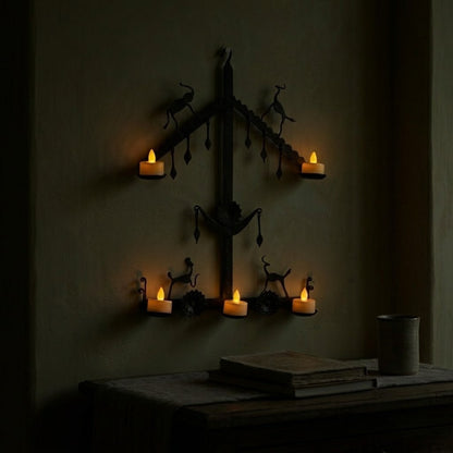 Handcrafted Bastar Wrought Iron Tribal Diya Stand with Horned Deer & Sun Motifs