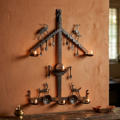 Handcrafted Bastar Wrought Iron Tribal Diya Stand with Horned Deer & Sun Motifs