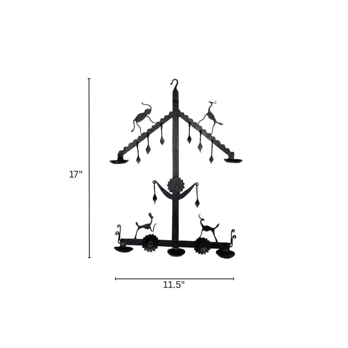 handcrafted bastar wrought iron tribal diya stand with horned deer & sun motifs
