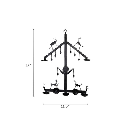 Handcrafted Bastar Wrought Iron Tribal Diya Stand with Horned Deer & Sun Motifs