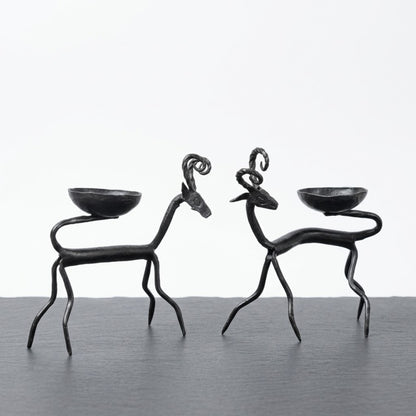Handcrafted Bastar Wrought Iron Spiral-Horned Antelope Candle Holders (Pair)