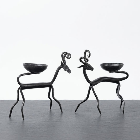Handcrafted Bastar Wrought Iron Spiral-Horned Antelope Candle Holders (Pair)