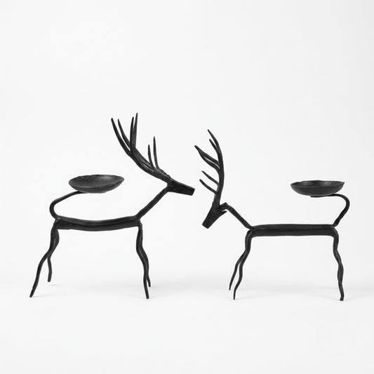 Handcrafted Bastar Wrought Iron Branched Antler Stag Candle Holders (Pair)