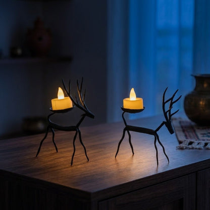 Handcrafted Bastar Wrought Iron Branched Antler Stag Candle Holders (Pair)