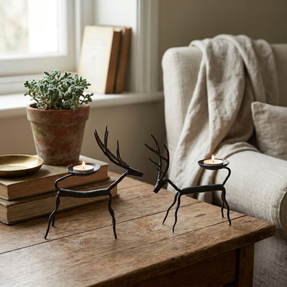 Handcrafted Bastar Wrought Iron Branched Antler Stag Candle Holders (Pair)