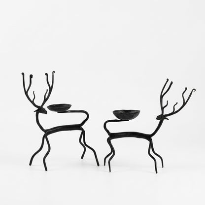 Handcrafted Bastar Wrought Iron Tall Curved Antler Deer Candle Holders (Pair)