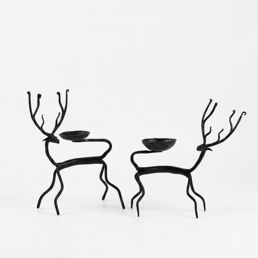Handcrafted Bastar Wrought Iron Tall Curved Antler Deer Candle Holders (Pair)