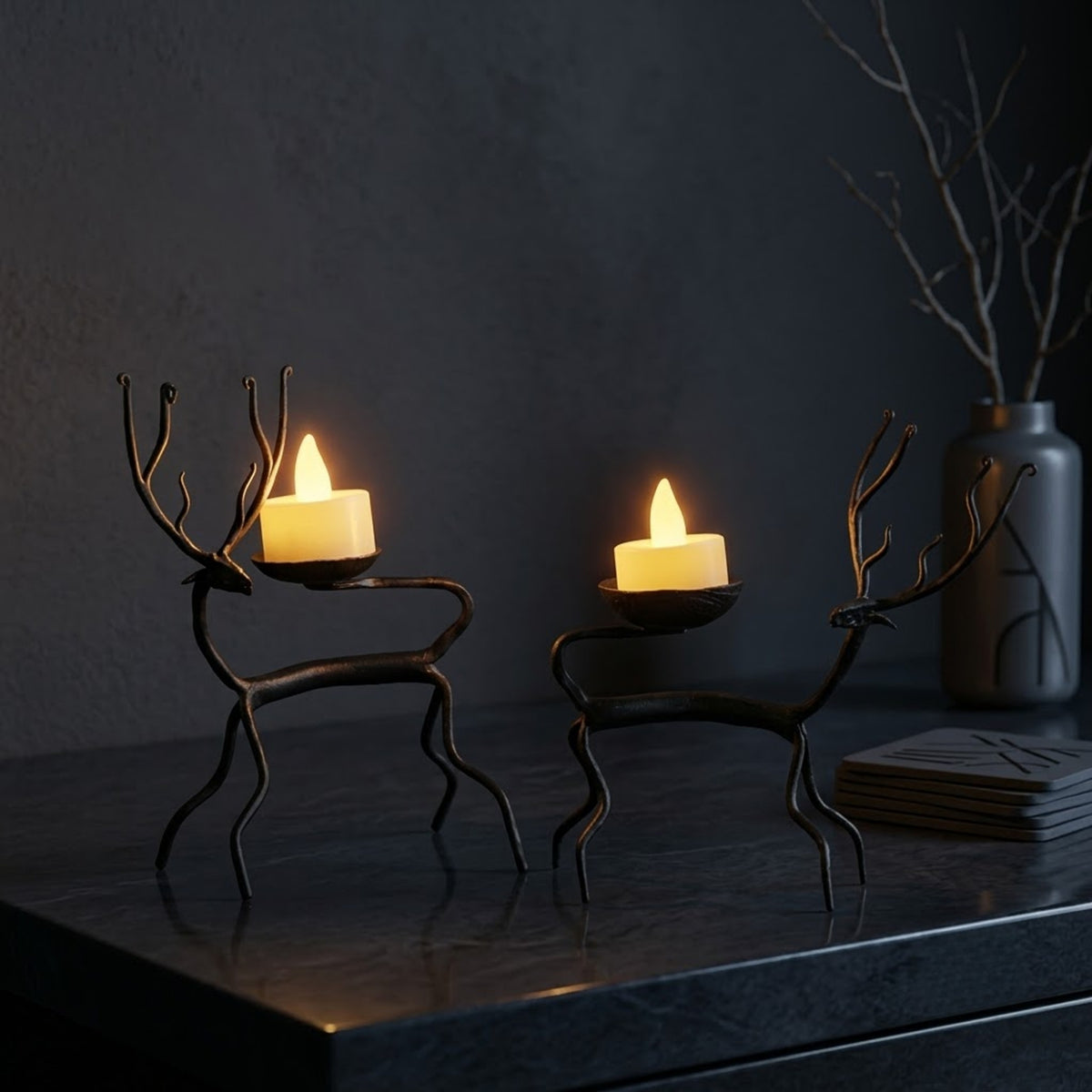 handcrafted bastar wrought iron tall curved antler deer candle holders (pair)