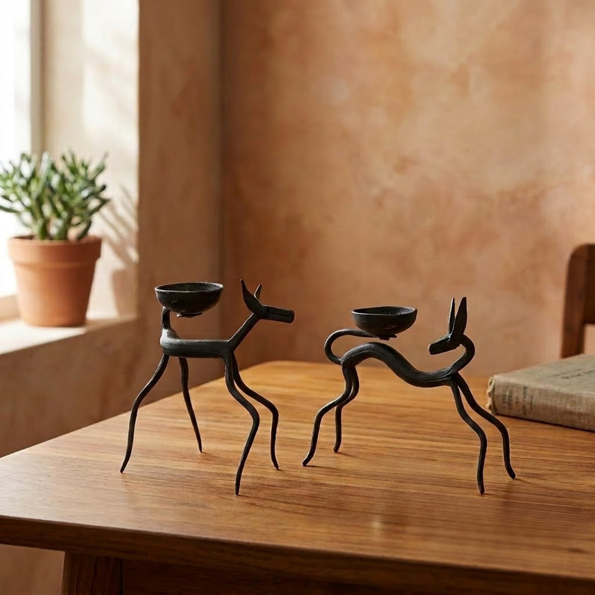 handcrafted bastar wrought iron minimalist deer candle holders (pair)