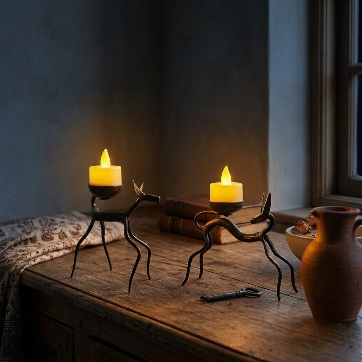 handcrafted bastar wrought iron minimalist deer candle holders (pair)
