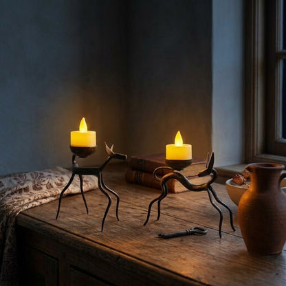 Handcrafted Bastar Wrought Iron Minimalist Deer Candle Holders (Pair)