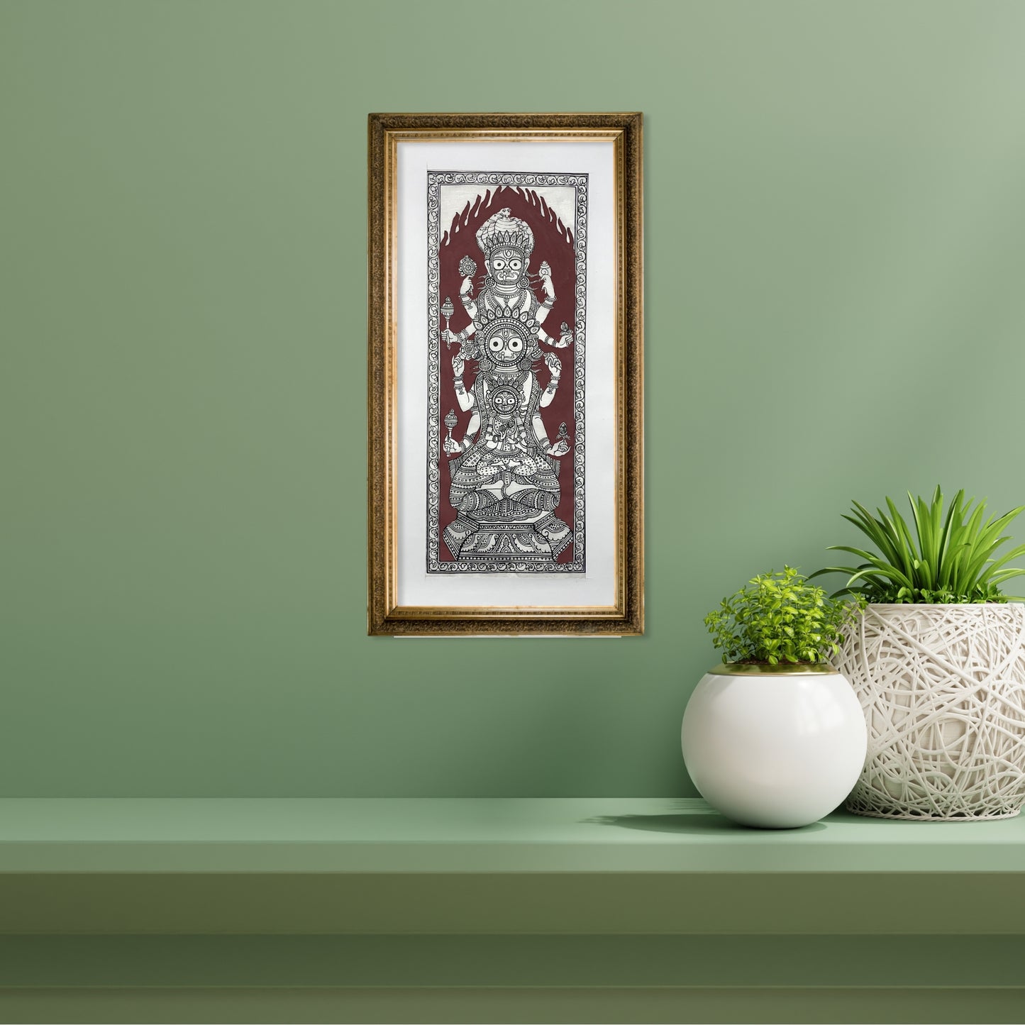 heritage jagannath triad vertical column silk pattachitra art - unframed