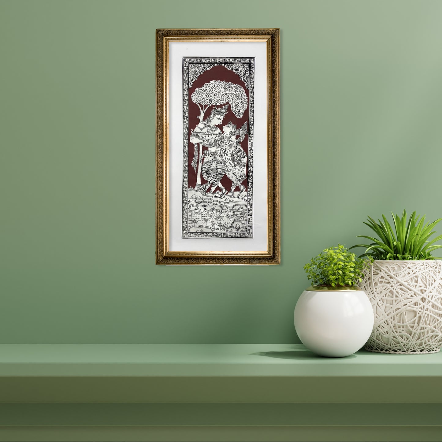 radha krishna flute leela under kadamba tree silk pattachitra - unframed