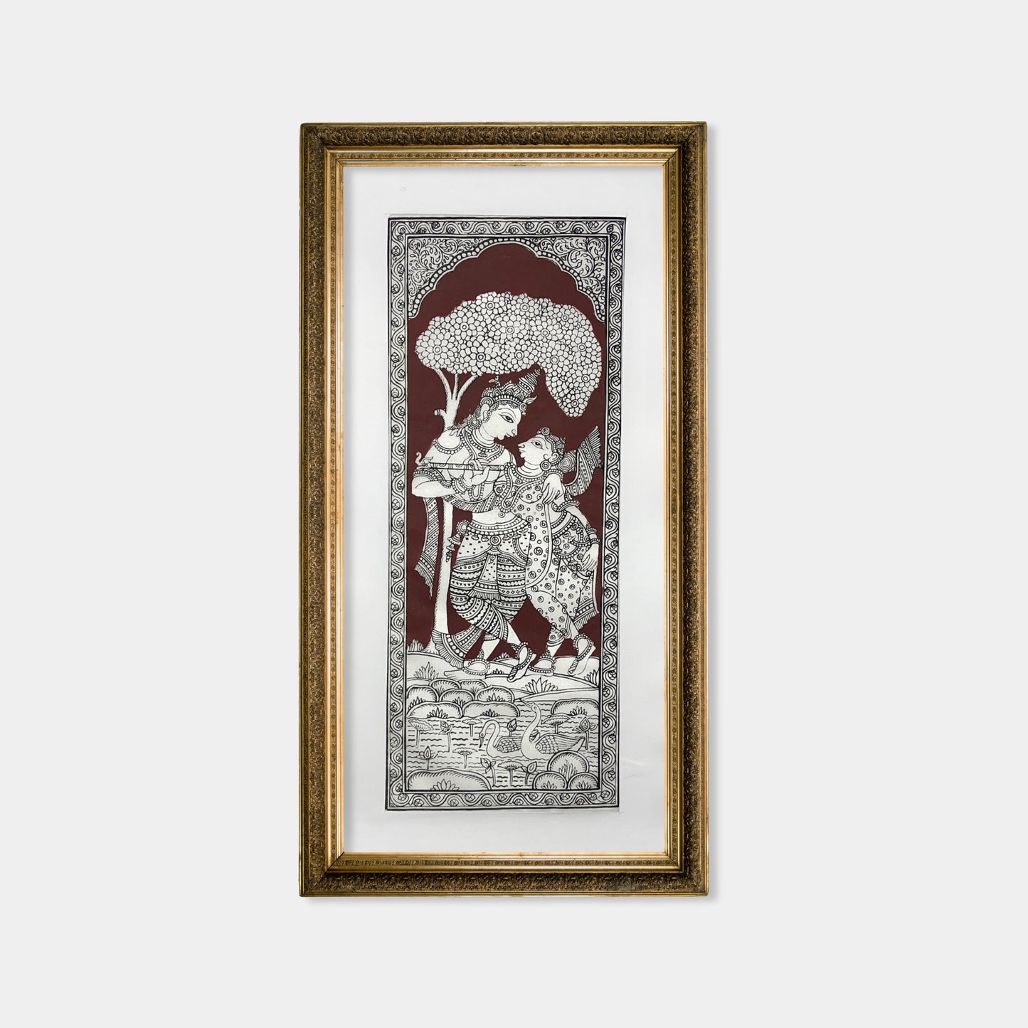 radha krishna flute leela under kadamba tree silk pattachitra - unframed