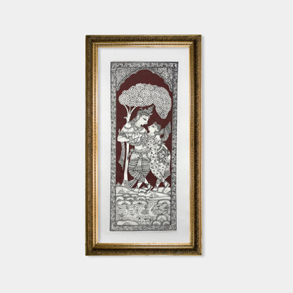 Radha Krishna Flute Leela under Kadamba Tree Silk Pattachitra - Unframed