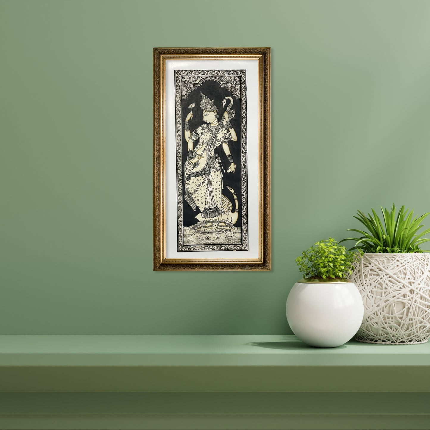 devi saraswati playing veena silk pattachitra art - unframed