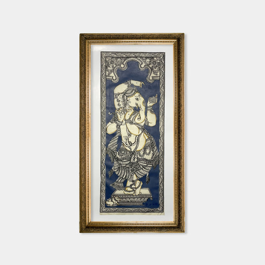 Muralidhar Ganesha Flute Player Silk Pattachitra - Unframed