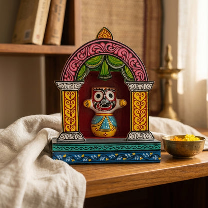 Hand-Painted Wooden Lord Jagannath Shrine with Pink Arch – Traditional Odisha Pattachitra Art
