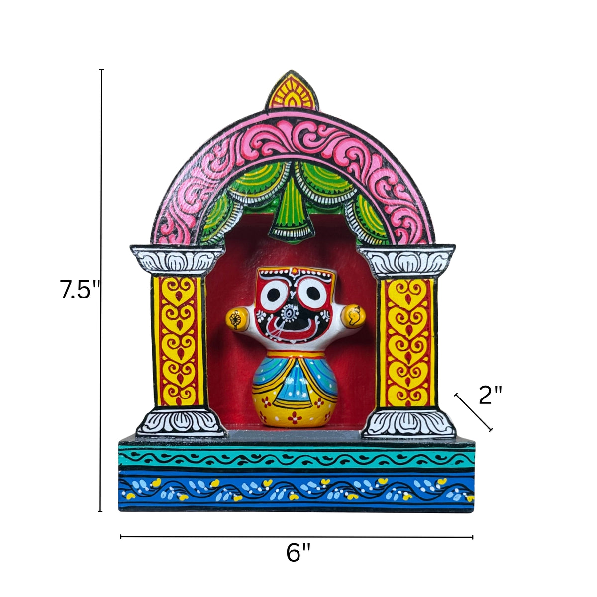 hand-painted wooden lord jagannath shrine with pink arch – traditional odisha pattachitra art