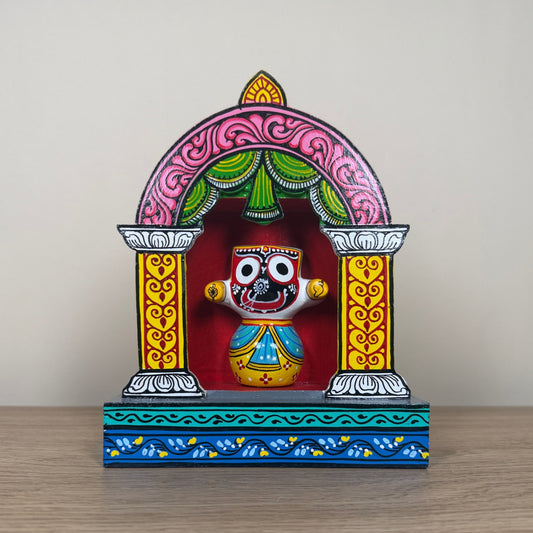 Hand-Painted Wooden Lord Jagannath Shrine with Pink Arch – Traditional Odisha Pattachitra Art