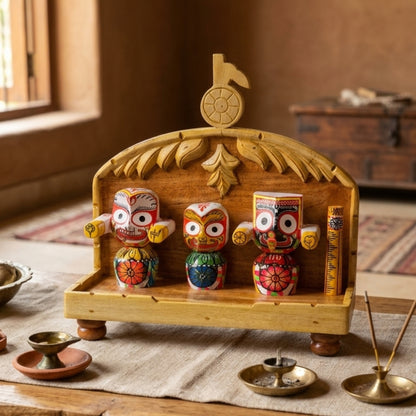 Handcrafted Wooden Jagannath Trinity Shrine – Natural Wood Finish with Painted Deities