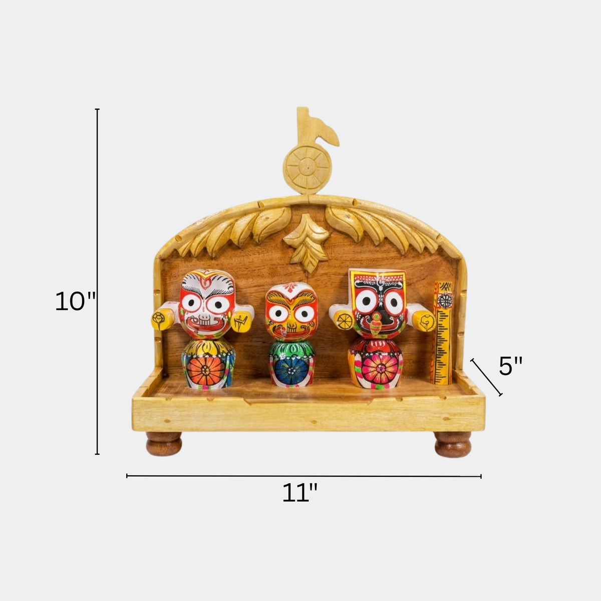 handcrafted wooden jagannath trinity shrine – natural wood finish with painted deities
