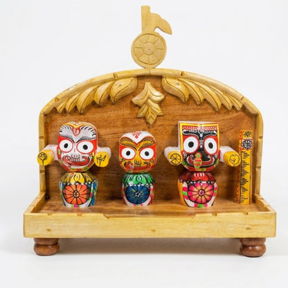 Handcrafted Wooden Jagannath Trinity Shrine – Natural Wood Finish with Painted Deities