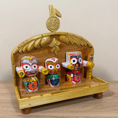 Handcrafted Wooden Jagannath Trinity Shrine – Natural Wood Finish with Painted Deities