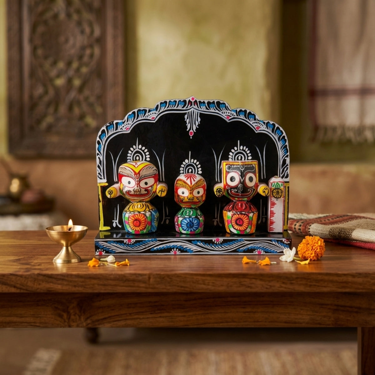 hand-painted plywood jagannath trinity shrine - black backdrop traditional odisha art