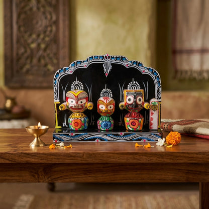 Hand-Painted Plywood Jagannath Trinity Shrine - Black Backdrop Traditional Odisha Art