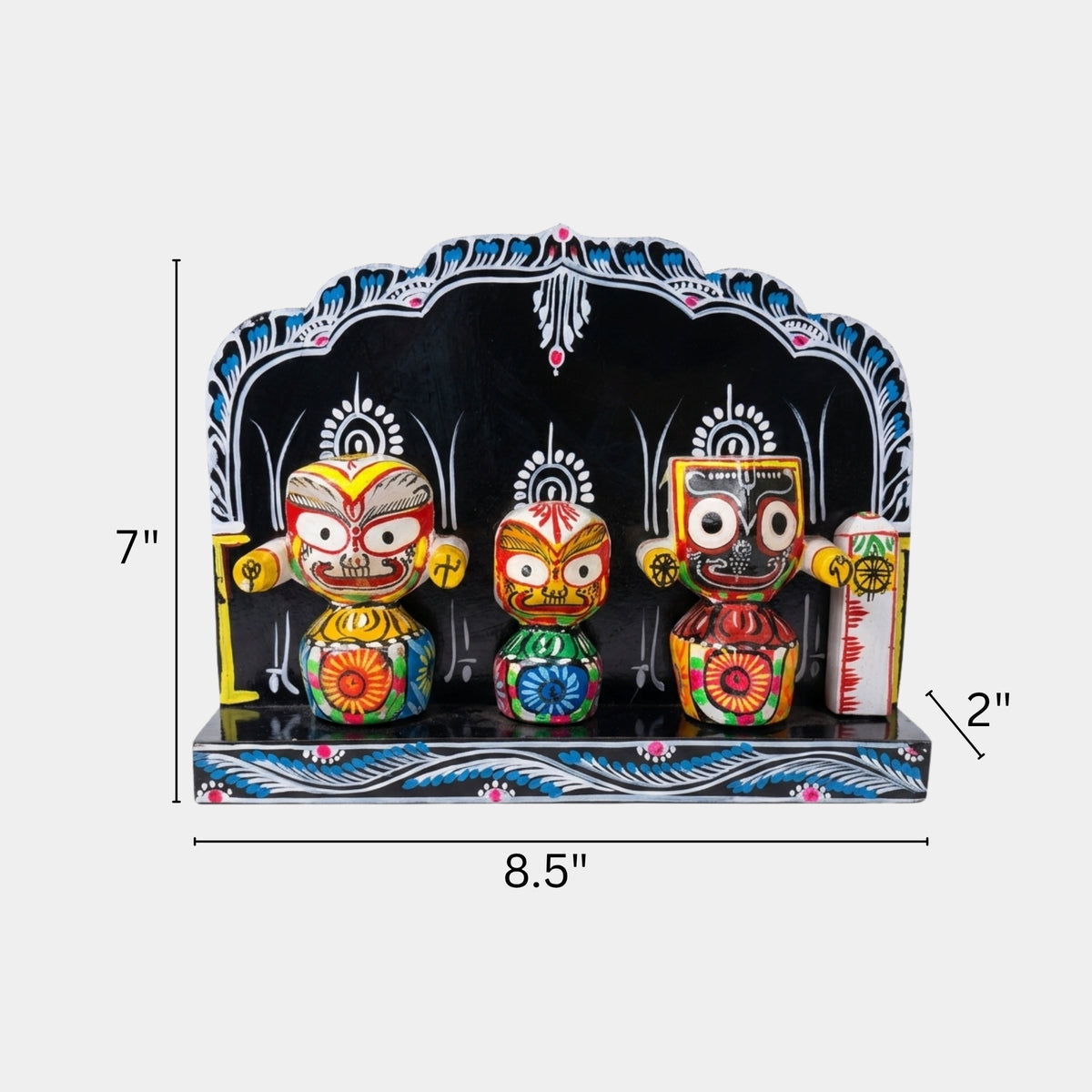 hand-painted plywood jagannath trinity shrine - black backdrop traditional odisha art