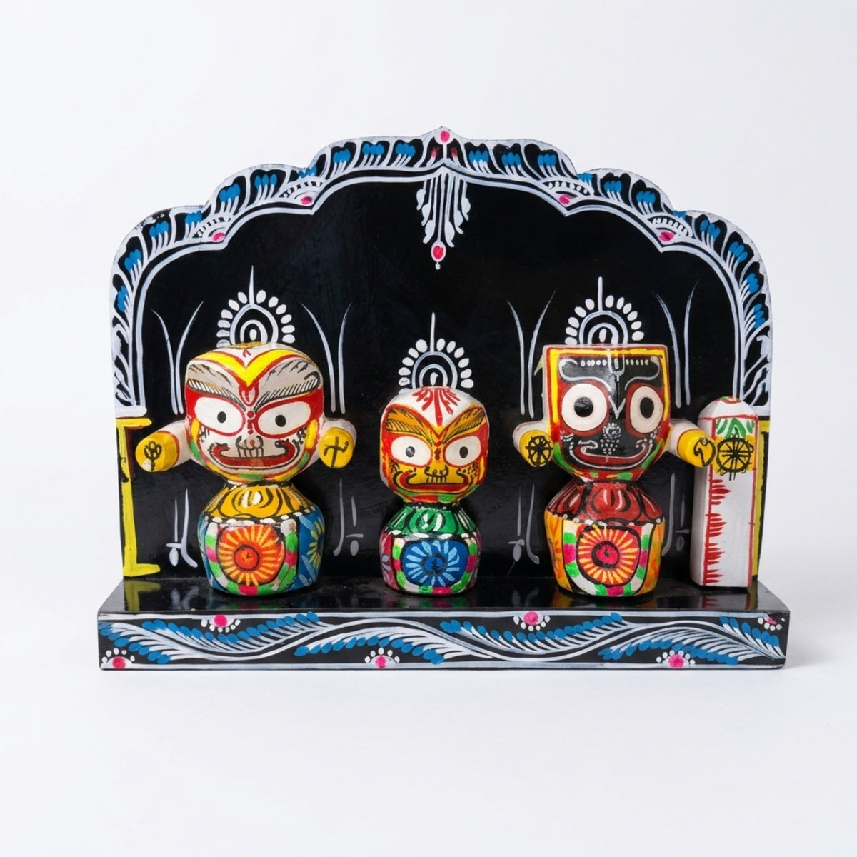 hand-painted plywood jagannath trinity shrine - black backdrop traditional odisha art