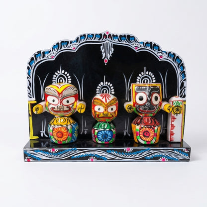 Hand-Painted Plywood Jagannath Trinity Shrine - Black Backdrop Traditional Odisha Art