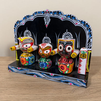 Hand-Painted Plywood Jagannath Trinity Shrine - Black Backdrop Traditional Odisha Art
