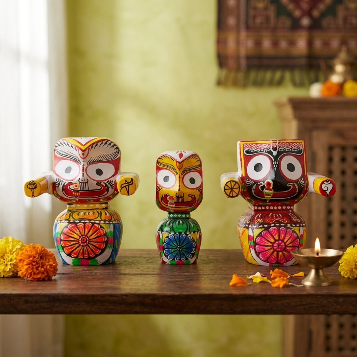 handcrafted wooden jagannath, balabhadra, and subhadra idol trio (size: 6")