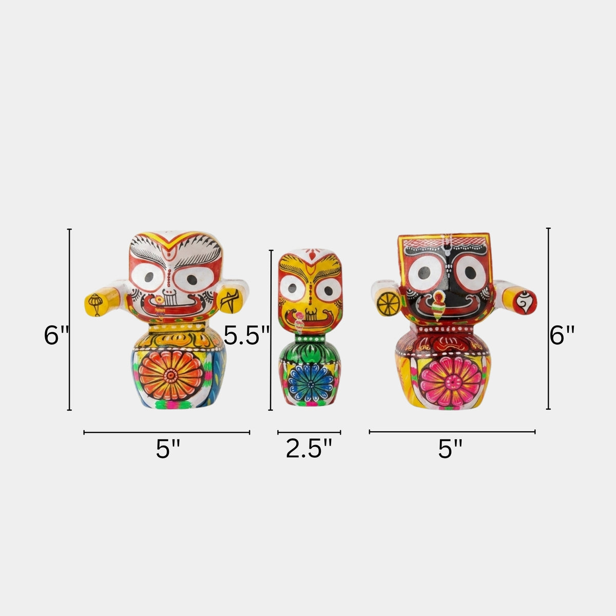 handcrafted wooden jagannath, balabhadra, and subhadra idol trio (size: 6")