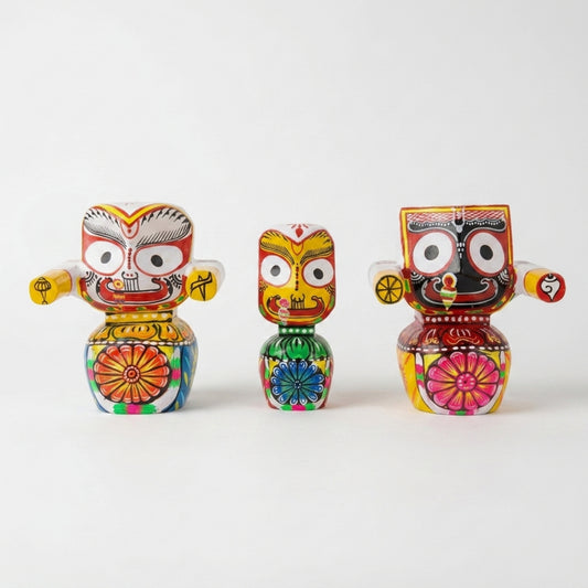Handcrafted Wooden Jagannath, Balabhadra, and Subhadra Idol Trio (Size: 6")