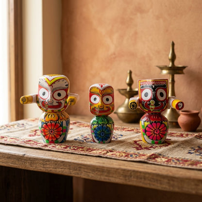 Handcrafted Wooden Jagannath, Balabhadra, and Subhadra Idol Trio (Size: 5")