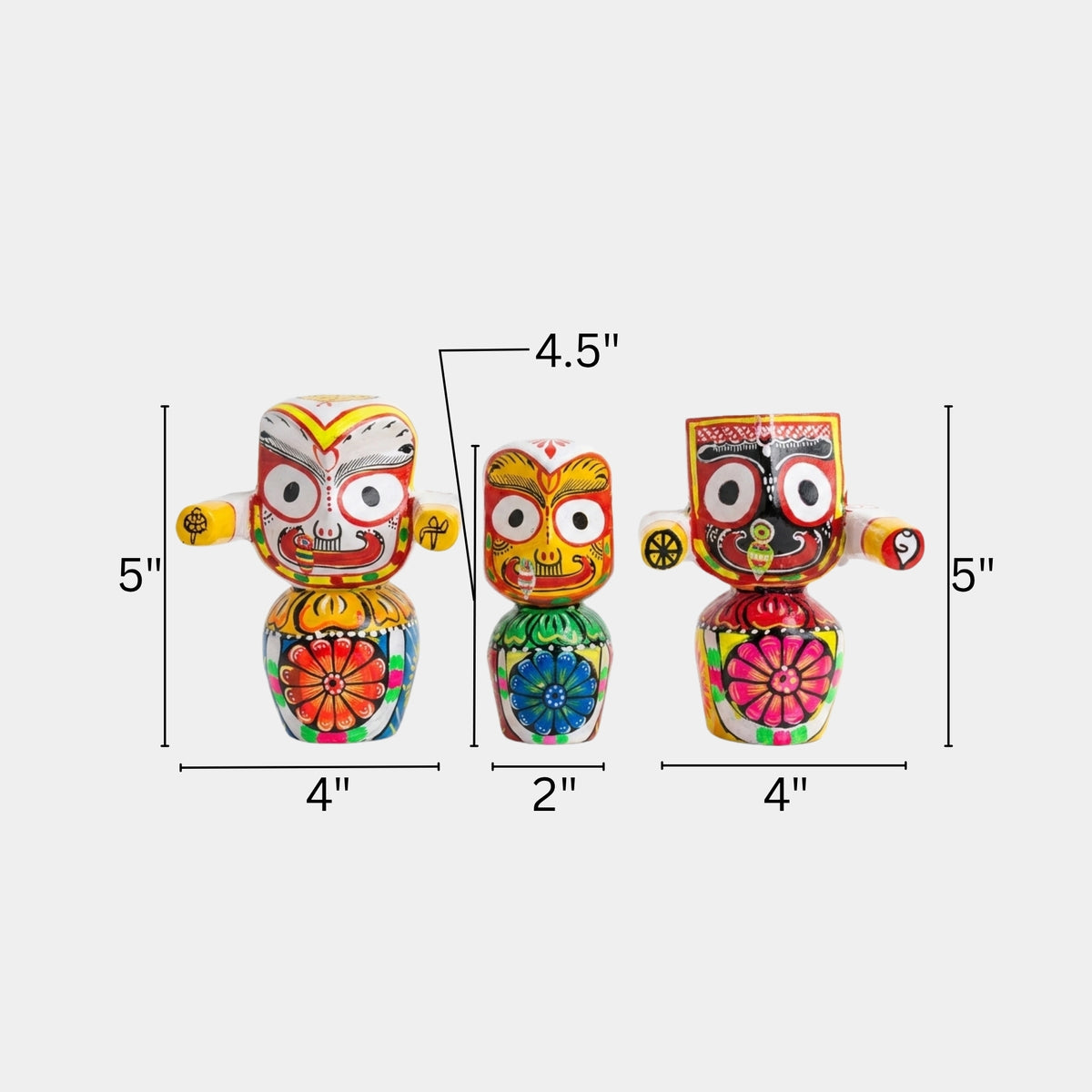 handcrafted wooden jagannath, balabhadra, and subhadra idol trio (size: 5")