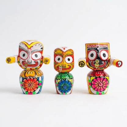 Handcrafted Wooden Jagannath, Balabhadra, and Subhadra Idol Trio (Size: 5")