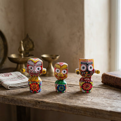Handcrafted Wooden Jagannath, Balabhadra, and Subhadra Idol Trio (Size: 4")