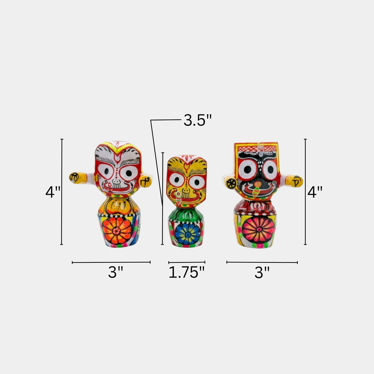 handcrafted wooden jagannath, balabhadra, and subhadra idol trio (size: 4")