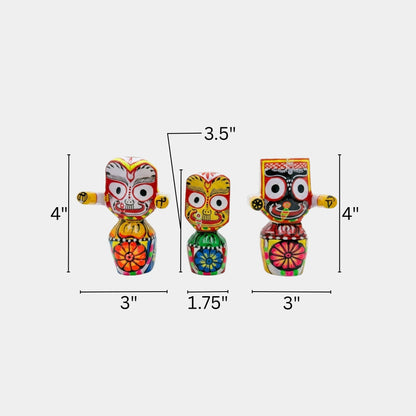 Handcrafted Wooden Jagannath, Balabhadra, and Subhadra Idol Trio (Size: 4")