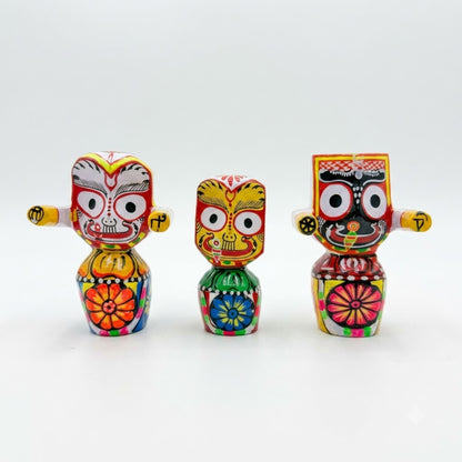 Handcrafted Wooden Jagannath, Balabhadra, and Subhadra Idol Trio (Size: 4")