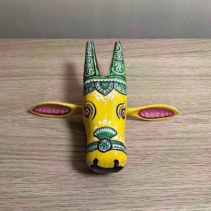 Handcrafted Wooden Cow Head Wall Hanging | Traditional Yellow & Green Odisha Folk Art Accent