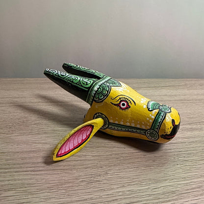 Handcrafted Wooden Cow Head Wall Hanging | Traditional Yellow & Green Odisha Folk Art Accent