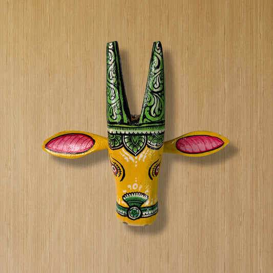 Handcrafted Wooden Cow Head Wall Hanging | Traditional Yellow & Green Odisha Folk Art Accent