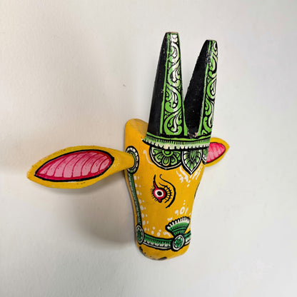 Handcrafted Wooden Cow Head Wall Hanging | Traditional Yellow & Green Odisha Folk Art Accent