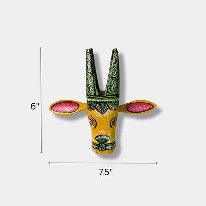 Handcrafted Wooden Cow Head Wall Hanging | Traditional Yellow & Green Odisha Folk Art Accent